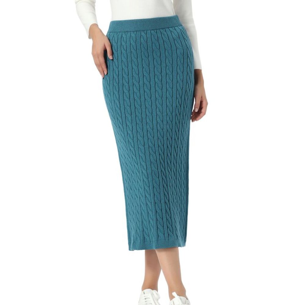 Women Cable Knit Sweater Skirt Elastic Waist Straight Skirt Lake Blue
